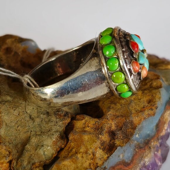 Barse Sterling Silver 925 Bezel Set Blue & Green Turquoise Coral Ring Size 7 - Picture 2 of 8